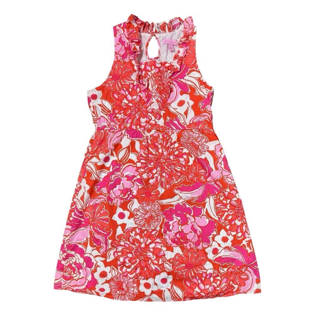 Lilly Pulitzer Floral Shift Dress Girls 14 Ruffle Trim Pink Orange Red Hawaiian